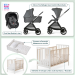 Kit Nascita con Chicco Trio Bellagio Black Satin e First Seat Recline + Raffaello Art Design Kit Isy Bianco / Naturale