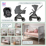 Kit Nascita con Chicco Trio Bellagio Black Satin e First Seat Recline + Raffaello Art Design Culla Lettino Teo Bianco/Grigio 7in1