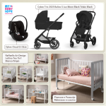Kit Nascita con Cybex Trio Balios S Lux 2025 Moon Black e Cloud G + Raffaello Art Design Culla Lettino Teo Bianco/Grigio 7in1