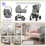 Kit Nascita con Cybex Trio Balios S Lux 2025 Stone Grey e Cloud G + Raffaello Art Design Culla Lettino Teo Bianco/Grigio 7in1