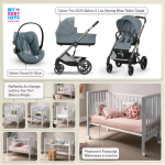 Kit Nascita con Cybex Trio Balios S Lux 2025 Stormy Blue e Cloud G + Raffaello Art Design Culla Lettino Teo Bianco/Grigio 7in1