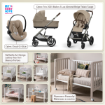 Kit Nascita con Cybex Trio Balios S Lux 2025 Almond Beige e Cloud G + Raffaello Art Design Culla Lettino Teo Bianco/Tortora 7in1