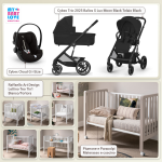 Kit Nascita con Cybex Trio Balios S Lux 2025 Moon Black e Cloud G + Raffaello Art Design Culla Lettino Teo Bianco/Tortora 7in1