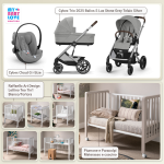 Kit Nascita con Cybex Trio Balios S Lux 2025 Stone Grey e Cloud G + Raffaello Art Design Culla Lettino Teo Bianco/Tortora 7in1
