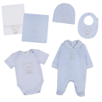 Nanan Corredino T Bow 1 mese (coperta e lenzuola 3 pz, tutina, berretta, bavaglio) Azzurro
