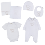 Nanan Corredino T Bow 1 mese (coperta e lenzuola 3 pz, tutina, berretta, bavaglio) Bianco