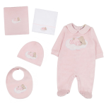 Nanan Corredino Orso sulla Nuvola 01 Mese Rosa (coperta e lenzuola 3pz, tutina, berretta, bavaglio)