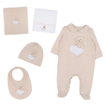 Nanan Corredino Orso su cuore 01 Mese Beige (coperta e lenzuola 3pz, tutina, berretta, bavaglio)